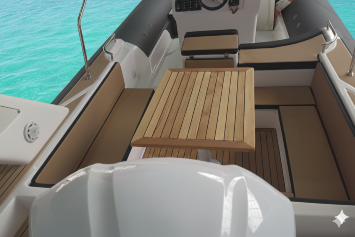 Icon 28 S, cockpit et table en teck