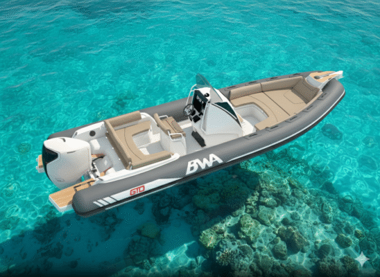 BWA GTO 278 : semi-rigide haut de gamme de 8,50 m, 18 passagers, 300 ch, réservoir 350 L, bains de soleil avant et arrière. Idéal pour la Méditerranée, Corse, Bretagne.