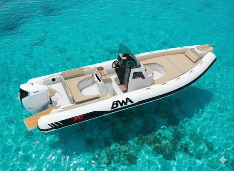 BWA GTO 308 : semi-rigide premium de 9,10 m, 20 passagers, 500 ch, réservoir 400 L, bains de soleil et cockpit XL. Idéal pour la Méditerranée, la Corse et la Bretagne.