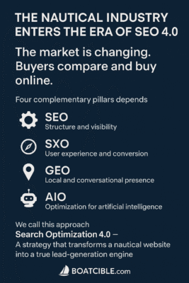 Discover how SEO, SXO, GEO, and AIO are transforming the boating industry: more visibility, more conversions, and AI-driven intelligence with Boatcible.com.