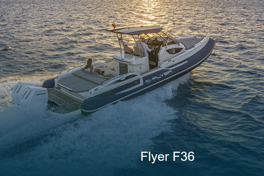 BWA Flyer F36 vue aérienne en navigation au coucher de soleil — semi-rigide bimoteur Mercury boudins bleus