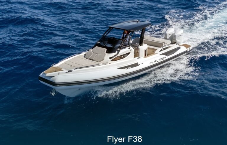 BWA Flyer F38 vue aérienne en navigation — semi-rigide bimoteur Honda sellerie claire