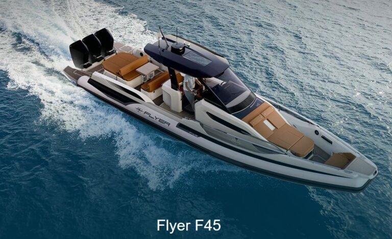 BWA Flyer F45 vue aérienne en navigation — maxi semi-rigide trimoteur hors-bord sellerie cognac