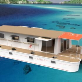 FAREA F2C Extended vue aérienne en 3D au mouillage — catamaran écolodge double cabine
