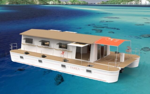 FAREA F2C Extended vue aérienne en 3D au mouillage — catamaran écolodge double cabine
