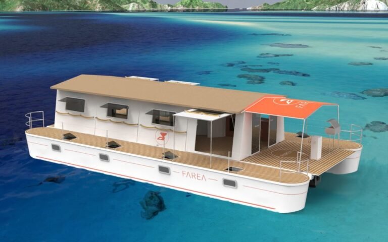 FAREA F2C Extended vue aérienne en 3D au mouillage — catamaran écolodge double cabine