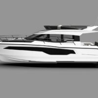 NAUTIC CM44F vue latérale profil complet — rendu 3D polar white avec flybridge