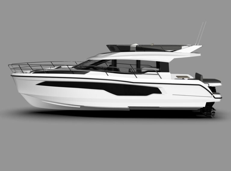 NAUTIC CM44F vue latérale profil complet — rendu 3D polar white avec flybridge