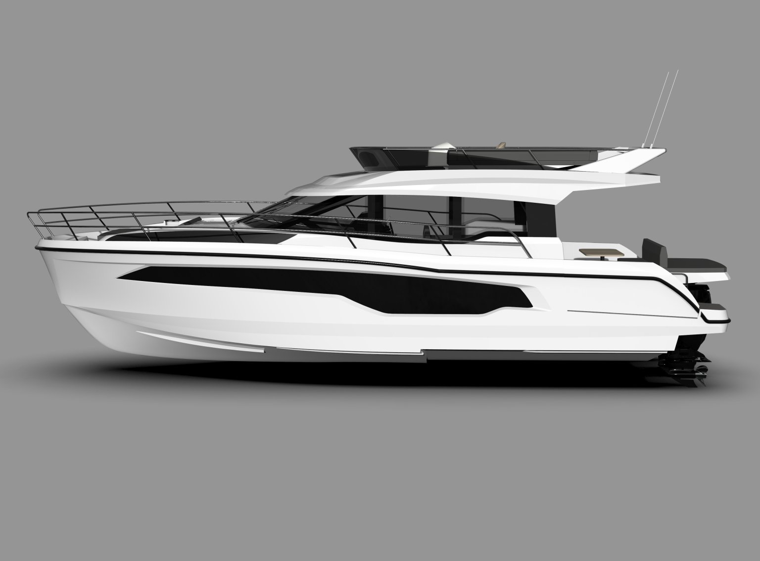 NAUTIC CM44F vue latérale profil complet — rendu 3D polar white avec flybridge