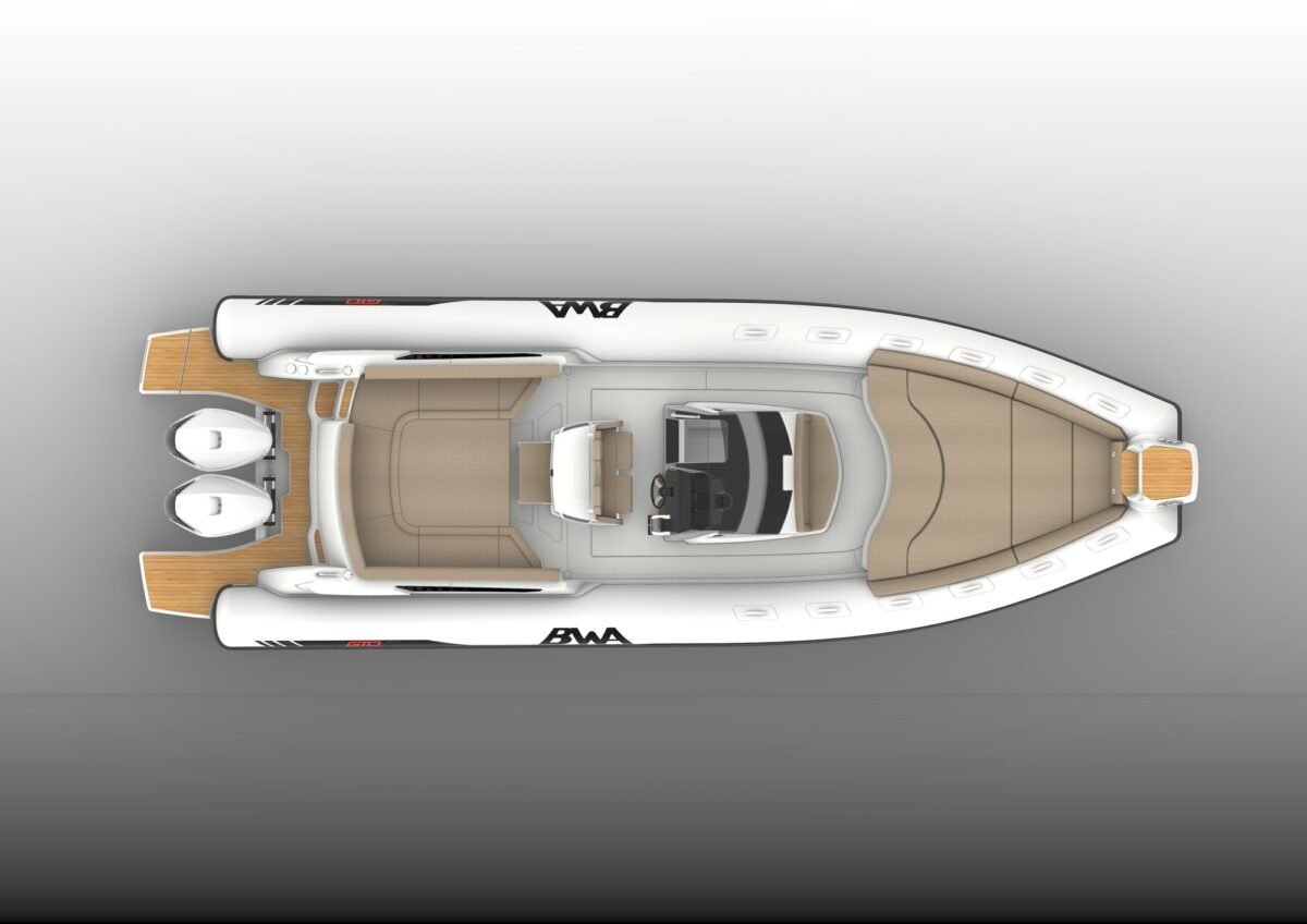 BWA GTO 358 plan d'aménagement vue de dessus — render technique cockpit et pont