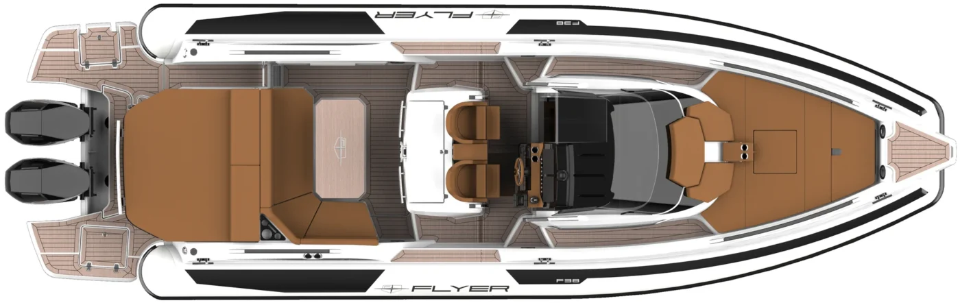 Flyer F38 plan de pont, amenagement bain de soleil AV, cockpit central, plage AR