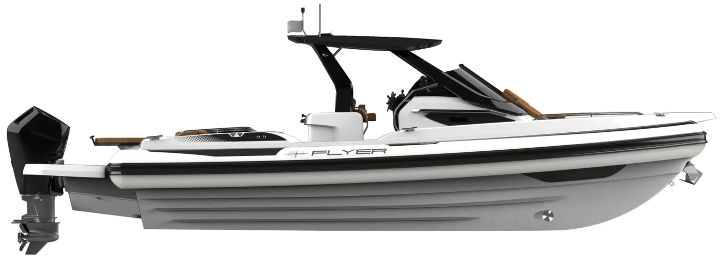 Flyer F38 render profil, silhouette du semi-rigide luxe habitable de la marque Flyer