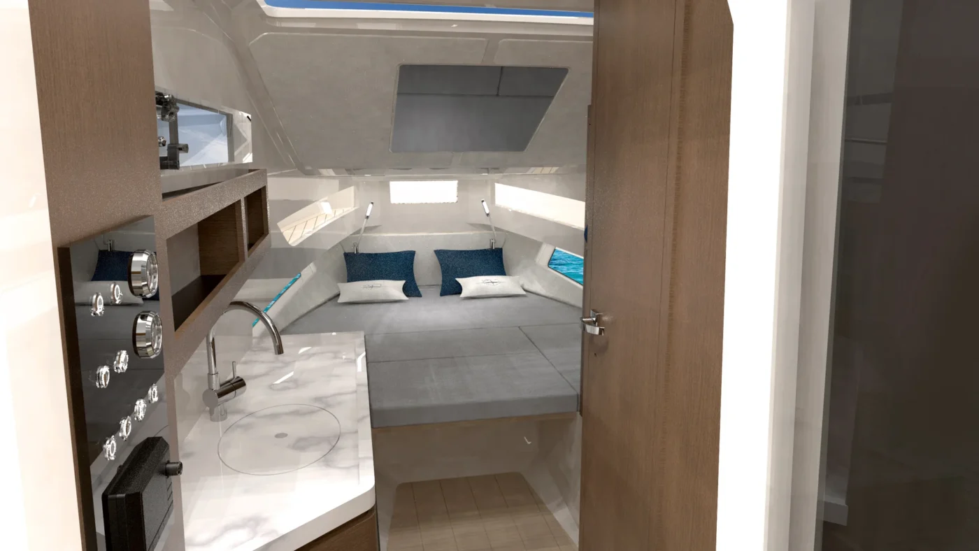 Flyer F45 cabine avant avec couchage double, finitions bois et hauteur sous plafond